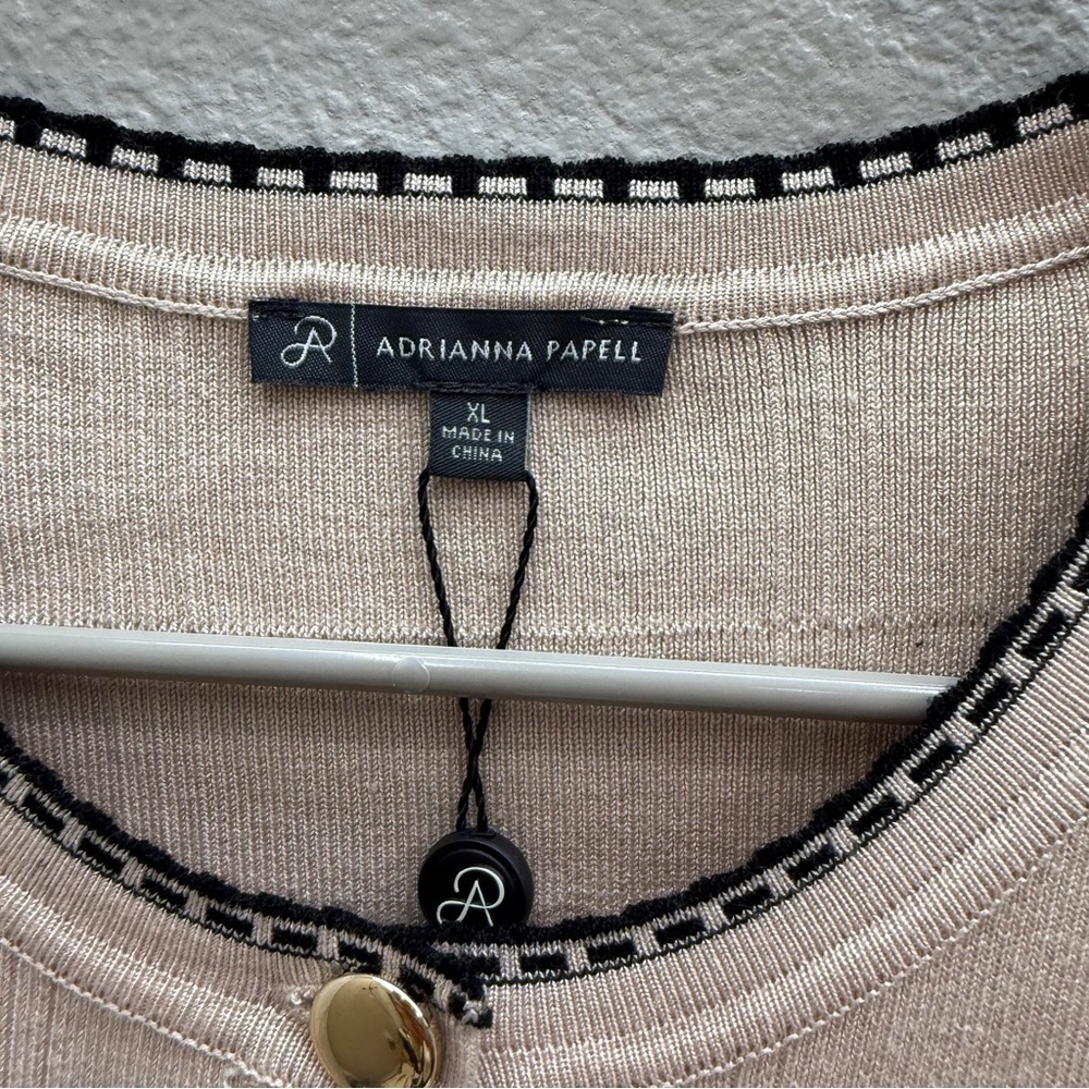 New Adrianna Papell Tan Cardigan Size XL Button Up Black Trim - Picture 3 of 7